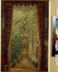 Vinterhaven i Yusupov Palace (Moika Palace) i Sankt Petersborg. (Vinterhaven i Yusupov-paladset i Skt. Petersborg). Værk af Vasily Semyonovich Sadovnikov (1800-1879), akvarel på papir