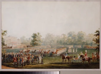 Militærparade på engen af ​​Elagins palads i Sankt Petersborg. (Kejsergardens parade). Værk af Vasily Semyonovich Sadovnikov (1800-1879), akvarel på papir