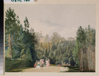 Scene i en park. Værk af Vasily Semyonovich Sadovnikov (1800-1879), akvarel på papir