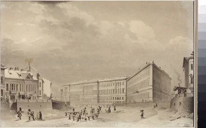 Sankt Petersborg. Generalstabsbygningen på Moika-flodens dæmning af Sadovnikov, Vasily Semyonovich (1800-1879). Akvarel på papir, før 1833. Statens Museum for Sankt Petersborgs Historie