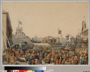 Messestand på Admiralitetspladsen i Sankt Petersborg. Værk af Vasily Semyonovich Sadovnikov (1800-1879), akvarel på papir
