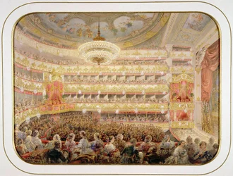 Auditoriet i Sankt Petersborgs kejserlige Bolshoi Kamenny-teater af Sadovnikov, Vasily Semyonovich (1800-1879). Akvarel, Gouache på papir, størrelse: 35x26