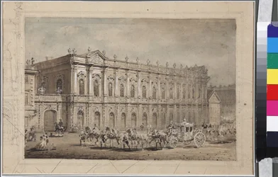 Museet for hofvogne (Staldmuseet) i Skt. Petersborg, af Sadovnikov, Vasily Semyonovich (1800-1879). Akvarel på papir