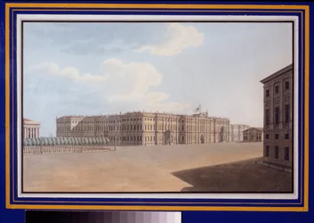 Udsigt over Winter Square fra Neva Avenue (Nevsky Prospect), Sankt Petersborg. Værk af Vasily Semyonovich Sadovnikov (1800-1879), akvarel på papir