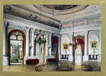 Udsigt over Antonio Vighi-værelset i Yusupov-paladset (Youssoupov, Youssoupoff) i Sankt Petersborg, også kaldet Moika-paladset (Antonio Vigi-rummet i Yusupov-paladset i St. Petersborg). Kunstværk af Vasily Semyonovich Sadovnikov (1800-1879). aq