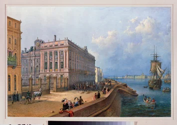 Udsigt over dæmningen af ​​Neva og Marmorpaladset i Sankt Petersborg. Værk af Vasily Semyonovich Sadovnikov (1800-1879), akvarel på papir