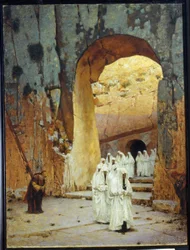 I Jerusalem (Israel). Judas kongelige grav. (I Jerusalem. Judas kongelige grav). En procession af karakterer klædt i hvidt kommer ud af Judas kongers grav. En kvinde bøjer sig respektfuldt ned for at hilse på dem, når de passerer. Maling af