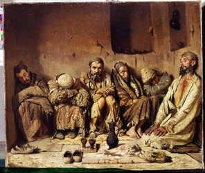 Orientalisme: opiumsrygere, der sidder på en gade i Mellemøsten (Opiumsrygerne). Maleri af Vasili Vasilyevich Vereschagin (Vereshchagin, Vereshchagin) (1842-1904)