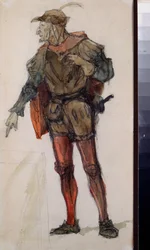 Mandskostume til operaen ""Faust"" af Charles Gounod (1818-1893) - Kostumedesign til operaen Faust af Charles Gounod - Værk af Vasili Dmitrievich Polenov (1844-1927), blyant og akvarel på papir