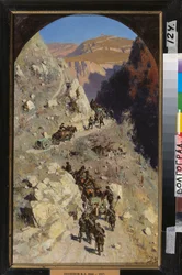 Artilleri i Kaukasusbjergene. (Episod af det russiske imperiums erobring af Nordkaukasus, felttog 1853-1856). Maleri af Vasili Dmitrievich Polenov (1844-1927), olie på lærred