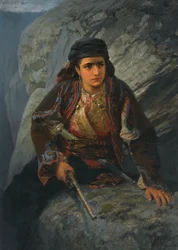 ""Le guet"" (Udsigten) Ung kvinde holder vagt med en pistol i hånden - Maleri af Vassili Polenov (1844-1927)