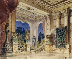 Scenografi til operaen Den skarlagenrøde rose af N. Krotkov, 1884