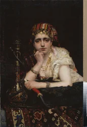 En odalisk. (Portræt af en haremskvinde, med et melankolsk blik, der holder en vandpibe). Maleri af Vasili Dmitrievich Polenov (1844-1927), olie på lærred. 1800-tallet russisk kunst, orientalisme. Den Hviderussiske Republiks nationale kunstmuseum, Minsk (B