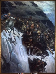 Italiensk felttog (1799-1800): Alexander Suvorovs (Suwarow eller Souwarow Rimniski eller Rimnitskoi) march (1729-1800) og russiske tropper gennem Alperne i 1799 - Marts af Suvorov gennem Alperne i 1799 - Maleri af Vasily Ivanovich Surikov
