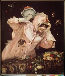 Karnevalsscene i Rom (Italien) (En ung kvinde, der læner sig op på en balkon, modtager og kaster buketter med blomster) - Karnevalsscene i Rom - Maleri af Vasilli Ivanovich Surikov (Vasily Surikov eller Vassili Surikow) (1848-1916), olie på nettet