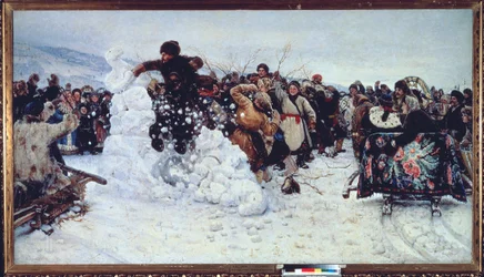 Storm of Snow Fortress (Populær jubelscene under den ortodokse fastelavn, maslenitsa) - Maleri af Vasilli Ivanovich Surikov (Vasily Surikov eller Vassili Surikow) (1848-1916), olie på lærred