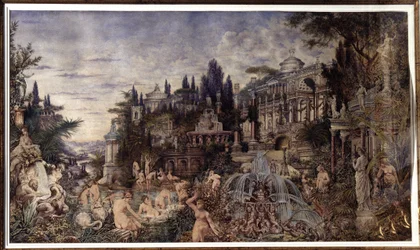 Et orgie (En orgie). Fejringsscene foran gamle romerske paladser, der samler en dionysisk kortege af satyrer og bacchanter i badescener. Værk af Vassili (Vasili, Vasilii, Wilhelm) Alexandrovich Kotarbinsky (Kotarbinski, Kot