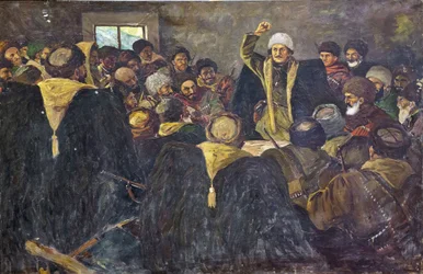 Grigory Konstantinovitch Ordjonikidze (1886-1937) - Sergo Ordzhonikidze i Nordkaukasus par Krotkov, Vasily Anfimovich (1880-1939). Olie på lærred, størrelse: 100x150