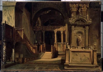 Interiør af Markuskirken (Basilica di San Marco) i Venedig. Maleri af Vasili Grigorievich Khudyakov (1826-1871). Olie på lærred, 29,5 x 41 cm