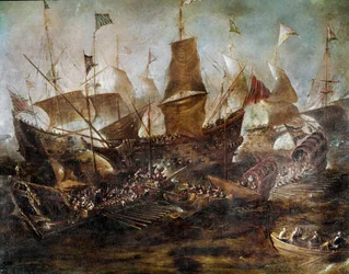 Kamp mellem venetianske og tyrkiske flåder Maleri af den venetianske skole. 17. århundrede. Istanbul, Søfartsmuseet