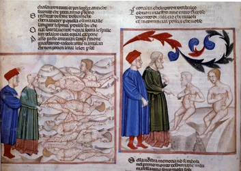 Dante og Vergil i samtale med Grifolino fra Arezzo og Capocchio fra Siena. 14. århundrede (miniature)