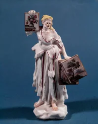 Porcelænsstatuette, der repræsenterer en ung kvinde, der sælger eller viser tryk. Venetiansk skole fra det 18. århundrede. Paris, dekorativ kunst