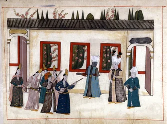 Sultanen besøger favoritten sammen med moderen og høvdingen for eunukkerne. Miniature fra "" Turkish Memorials"" (codex Cicogna 1971 "Memorie Turchesche") Akvarel fra det 17. århundredes venetianske skole.