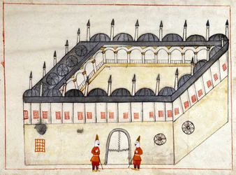 Udsigt fra ydersiden af en karavane i Andrinopel (nu Edirne) i Tyrkiet under Det Osmanniske Rige. Miniature fra "" Turkish Memorials"" (codex Cicogna 1971 "Memorie Turchesche") Akvarel fra det 17. århundredes venetianske skole.