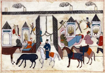 Udsigt over det indre af en campingvogn i Tyrkiet under Det Osmanniske Rige. Miniature fra "" Turkish Memorials"" (codex Cicogna 1971 "Memorie Turchesche") Akvarel fra det 17. århundredes venetianske skole.