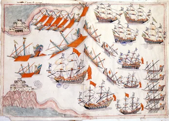 Krig mellem Venedig og Osmannerriget: Slaget ved Dardanellerne, hvor den venetianske kaptajn Lorenzo Marcello sejrede i 1655 (akvarel)