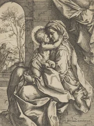 Jomfruen sad med Kristusbarnet på skødet og omfavnede hende, Joseph så..., ca. 1600-1613.