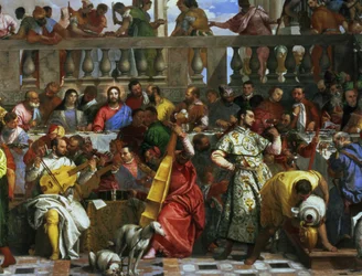The Marriage Feast at Cana, detalje af musikere og hunde, c.1562 olie på lærred detalje af 94932