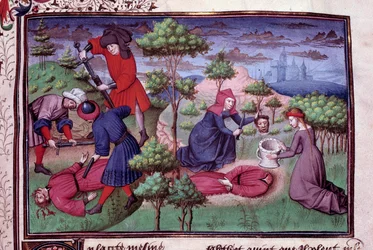 Mordscene med to mænd, hvis mordere hugger hovederne af dem. Side af et fransk manuskript af “Decameron” af Giovanni Boccaccio, kaldet Jean Boccace (1313-1375), italiensk forfatter, illumineret af Mesteren fra Mansel. 1450, Paris, Arsenalbiblioteket