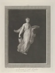 En delvis nøgen bacchante med en skive i sin løftede venstre hånd og en spand i h..., ca. 1795-1820