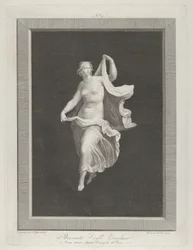 En delvis nøgen bacchante træder frem og holder enderne af sit draperi i hver ..., ca. 1795-1820