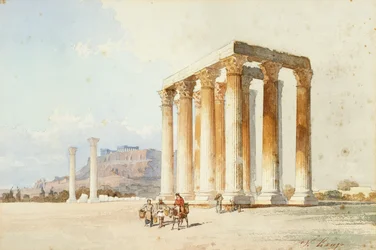 Zeus tempel med Akropolis, Parthenon, Athen (akvarel og kropsfarve)