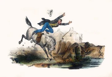 En rytter falder efter suset fra sin hest. I "" Album Grotesque, Choices of Outstanding Types", illustrationer af Victor Adam, Paris, omkring 1850.