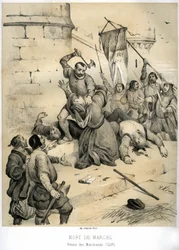 Mordet på Étienne Marcel, rig klædehandler og prévôt for købmændene (1316-1358), begået af échevin Jean Maillart, en af lederne af det royalistiske parti, i juli 1358. Gravering af Victor Adam (1801-1866) i bogen “Frankrig i middelalderen”, udgivet
