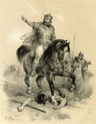 Attila (ca. 395-453), hunnernes eneste leder i 445, hærgede rigerne i øst og vest - Barbarinvasioner - Stik af Victor Adam (1801-1866) i bogen „Frankrig i middelalderen“, udgivet af brødrene Ardant i midten af