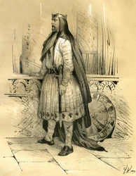 Chlodio den Langhårede, leder af de saliske frankere fra omkring 428 til sin død i 447, sandsynligvis merovingernes stamfader. Stik af Victor Adam (1801-1866) i bogen „Frankrig i middelalderen“, udgivet af brødrene Ardant i midten af 1