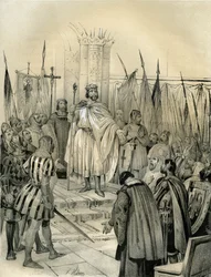 Kroningen af Hugo Capet (941-996) i Noyon i 987. Denne kroning markerede begyndelsen på det capetingiske dynasti, Frankrigs konger, som gennem direkte eller indirekte arvefølge generobrede i 8 år. Stik af Victor Adam (1801-1866) i bogen „Frankrig i