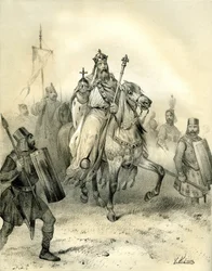 Kejser Charlemagne, der bærer magtens emblemer, rider i spidsen for sine tropper, soldater i rustning. Stik af Victor Adam (1801-1866) i bogen "Frankrig i middelalderen" udgivet af brødrene Ardant i midten af det 19. århundrede.