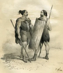 Franc- og Sicamber-krigere omkring år 254. Sicamberne var et germansk folk syd for Lippe, som romerne underkastede sig i det 8. århundrede, hvorefter de blev integreret i franc-folket. Kobberstik af Victor Adam (1801-1866) i bogen "France in t