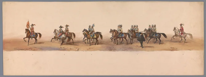 Historisk procession ved det andet hundrede år for Utrecht University of Applied Sciences, 1836 (plade 2) De hollandske hæres anløb til Oostende, 3. juli 1600, dagen efter sejren ved Nieuwpoort; ifølge den udklædte fremstilling givet af H H Student