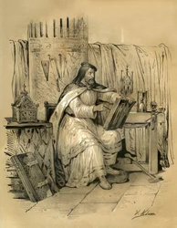 Saint Eloi (v.588-660) guldsmed og tresorier for frankernes konge Dagobert 1., derefter eveque af Noyon fra 641 til sin død. Gravering af Victor Adam (1801-1866) i bogen "France in the Middle Ages" udgivet af Ardant-brødrene i midten af 1800-tallet.
