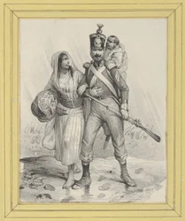 Soldat mit einer Frau am Arm und einem Kind auf dem Rücken