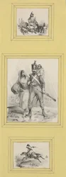 Soldaten und ein Highlander (3 Drucke unterschiedlicher Größe auf ein gelbes Blatt geklebt)