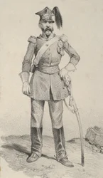 Stående soldat med hånden på roret af sit sværd, midten af 1800-tallet.