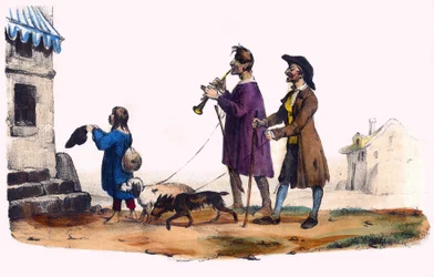 To blinde ledet af hunde og et tiggerbarn. I "" Album Grotesque, Choices of Outstanding Types", illustrationer af Victor Adam, Paris, omkring 1850.