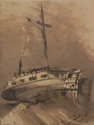 A Ship in Choppy Seas, 1864 (pen og blækvask på papir)